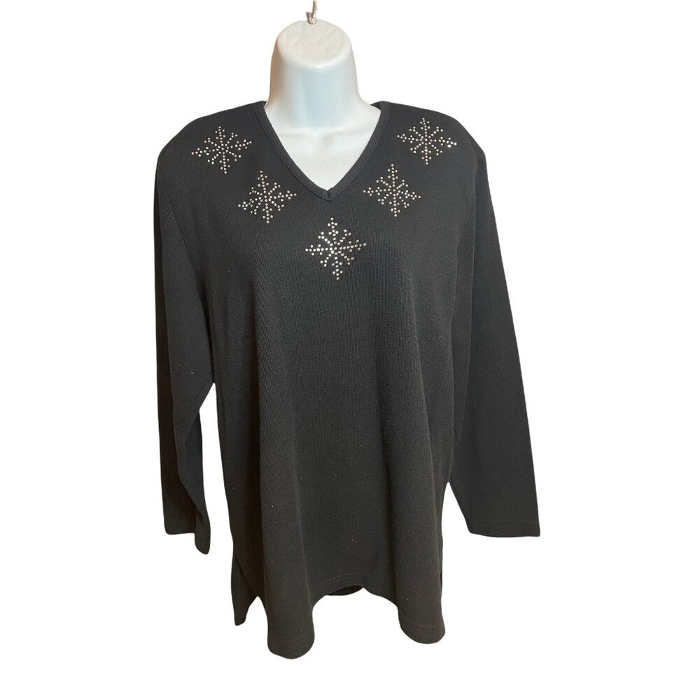 Gepetto Black V Neck Long Sleeve Top Rhinestone Snowflake Design Sz M